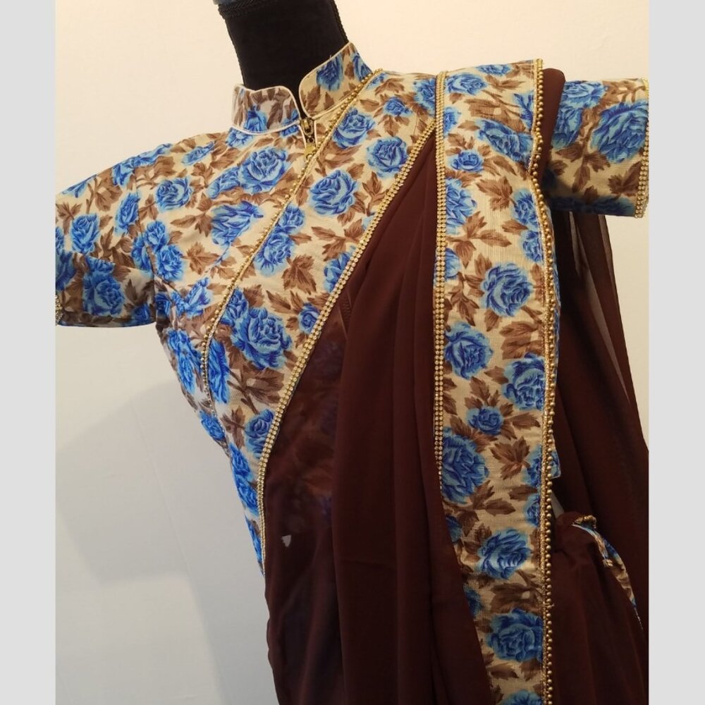 Elegant Brown Saree with Blue Floral Border with Blouse Size Small